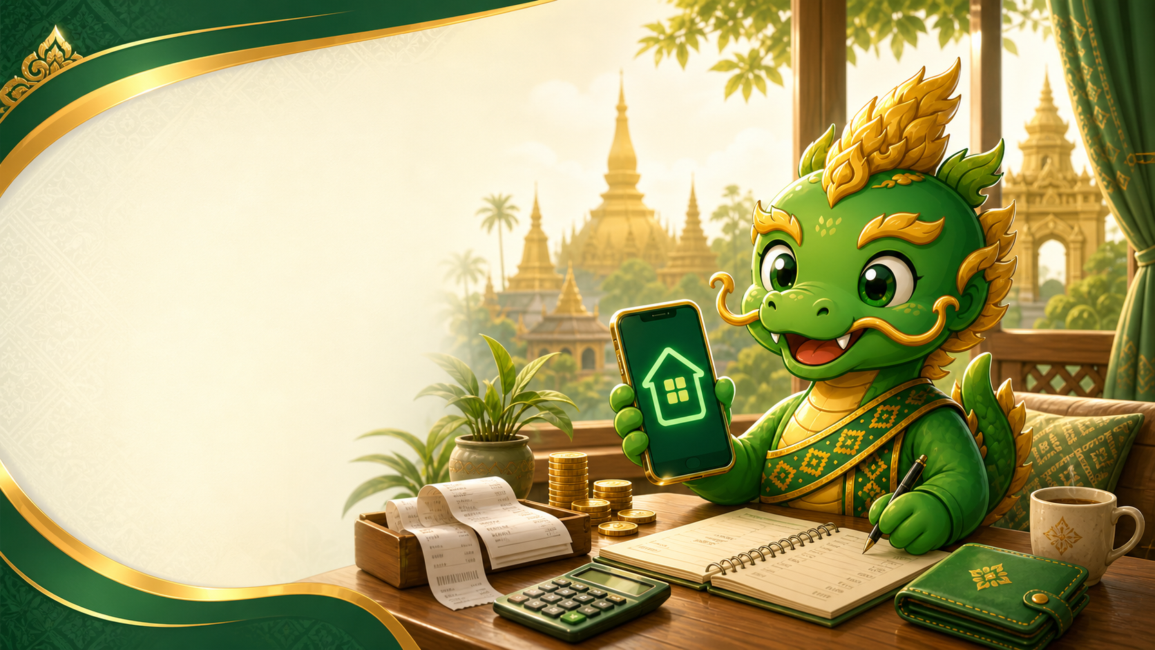 Green Lao naga mascot holding a home app phone with golden Lao landmarks