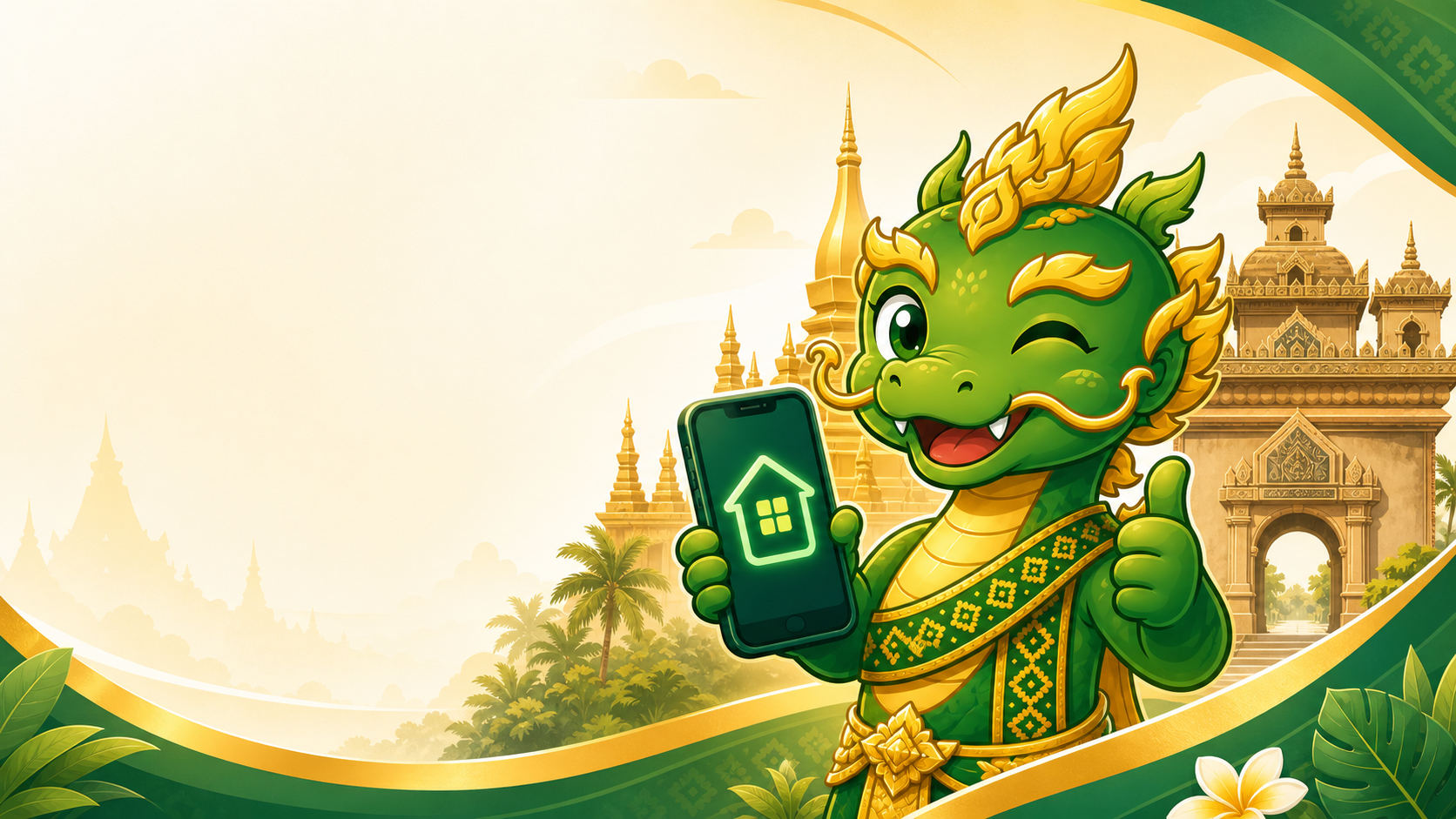 Green Lao naga mascot organizing home and trip expenses in a cozy Lao home