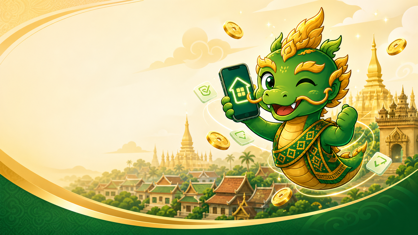 Mascot style home expense management illustration in emerald and gold