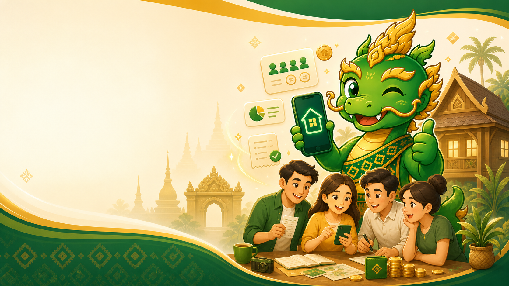 Green naga mascot flying over Lao home and temple skyline with app icons